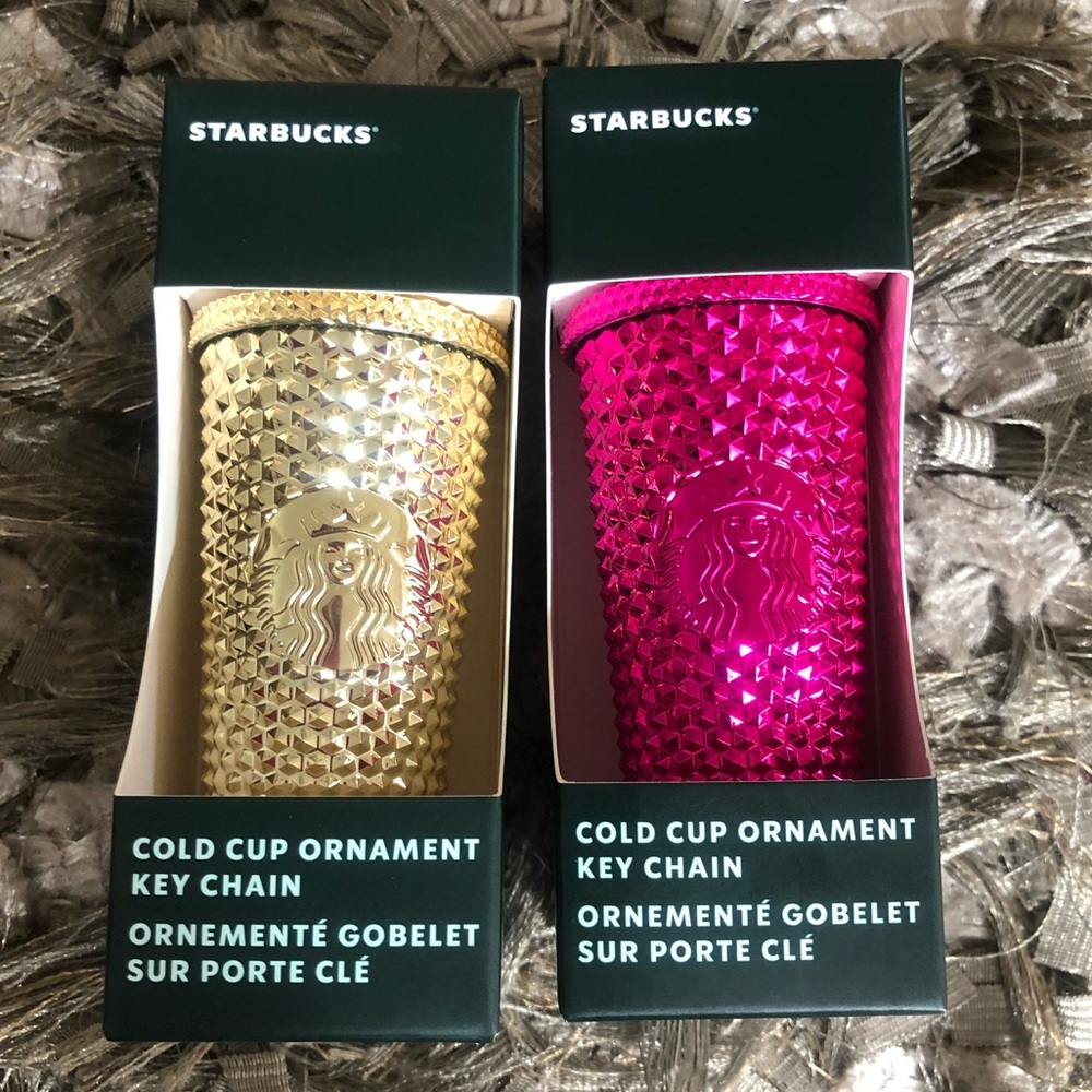 Starbucks Pink Sangria Gold Cold Cup Tumbler Studded Holiday Ornaments